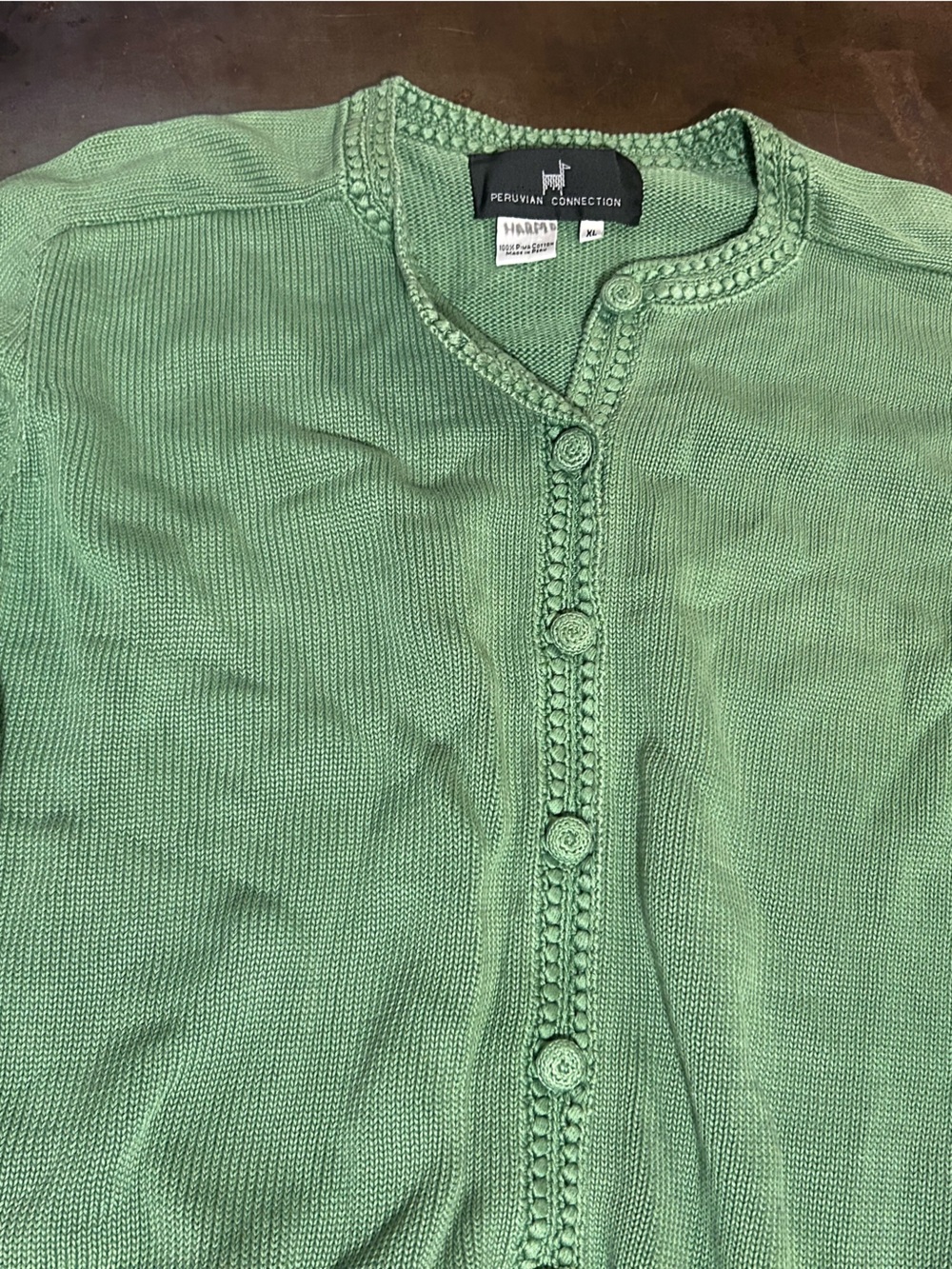 Peruvian Connection Women's XL Pima Cotton Green Button Cardigan Grandma Boho - Picture 6 of 9